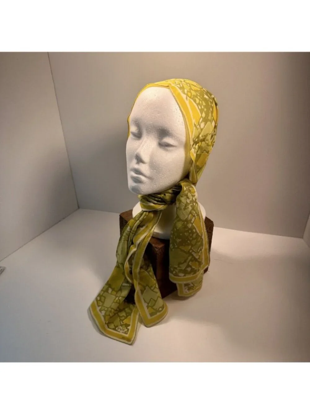 Vtg 1960s VERA Womens Silk Scarf Long Yellow Green Geometric Scarves Retro